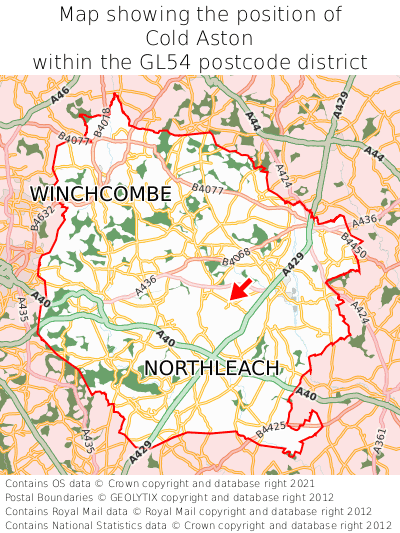 Map showing location of Cold Aston within GL54