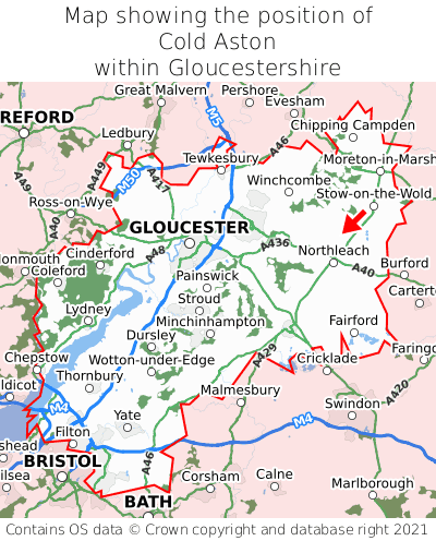 Map showing location of Cold Aston within Gloucestershire
