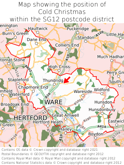 Map showing location of Cold Christmas within SG12