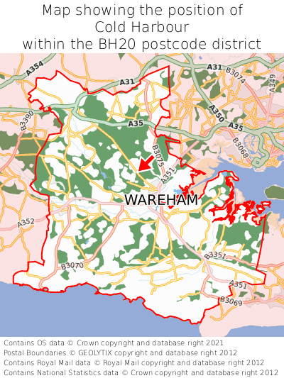 Map showing location of Cold Harbour within BH20