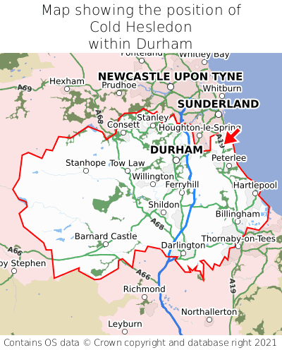 Map showing location of Cold Hesledon within Durham