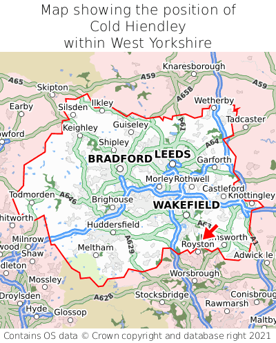 Map showing location of Cold Hiendley within West Yorkshire