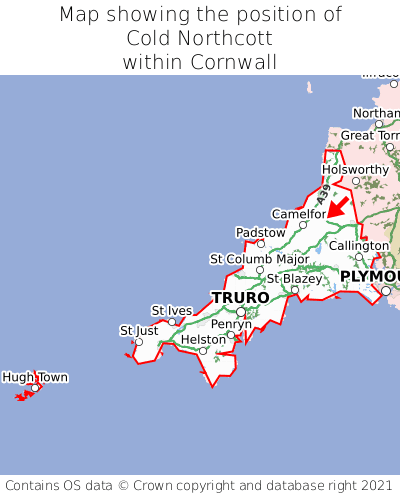 Map showing location of Cold Northcott within Cornwall