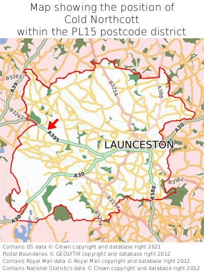 Map showing location of Cold Northcott within PL15