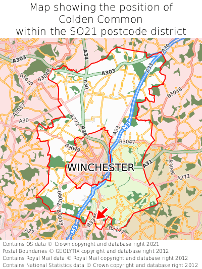 Map showing location of Colden Common within SO21