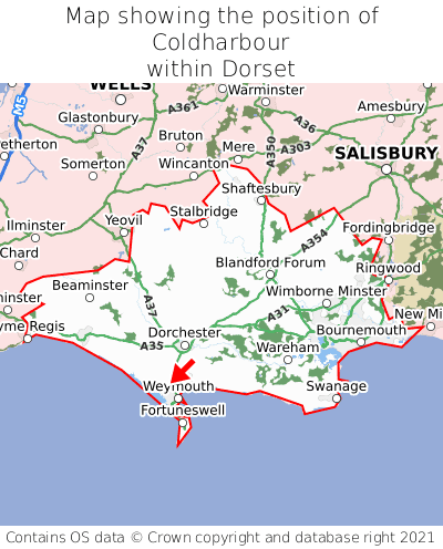 Map showing location of Coldharbour within Dorset