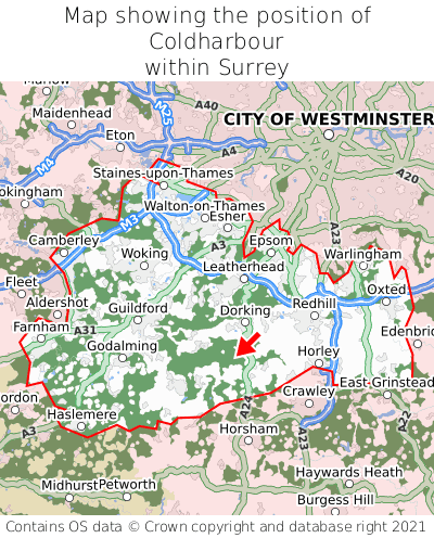 Map showing location of Coldharbour within Surrey