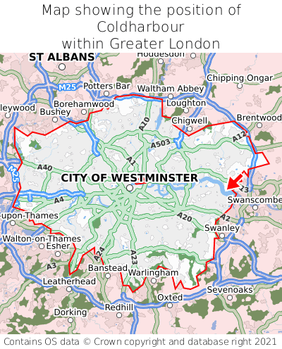 Map showing location of Coldharbour within Greater London