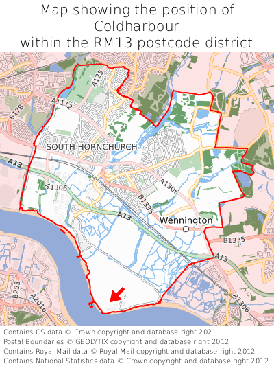 Map showing location of Coldharbour within RM13