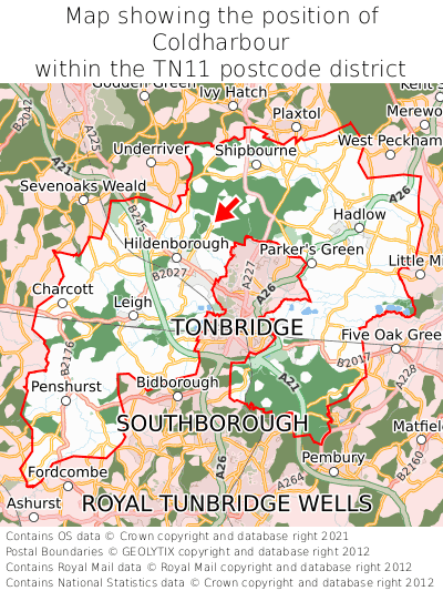 Map showing location of Coldharbour within TN11