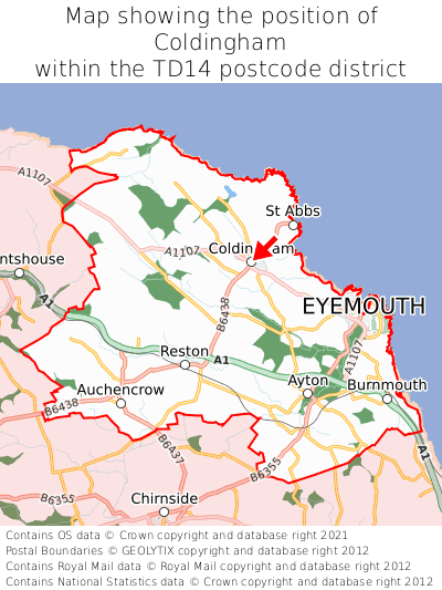 Map showing location of Coldingham within TD14