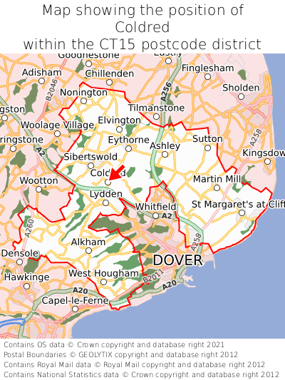 Map showing location of Coldred within CT15