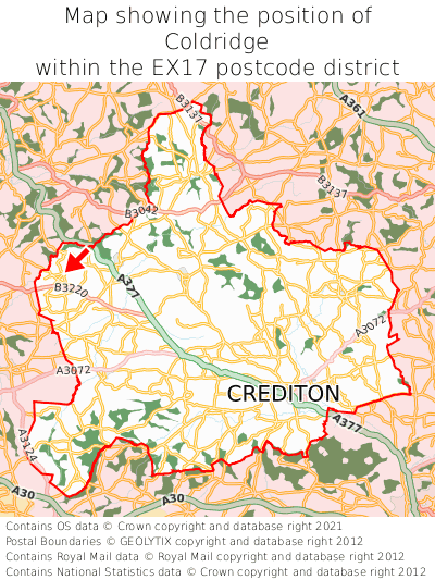 Map showing location of Coldridge within EX17