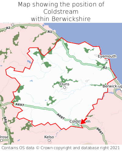 Map showing location of Coldstream within Berwickshire