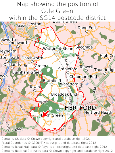 Map showing location of Cole Green within SG14
