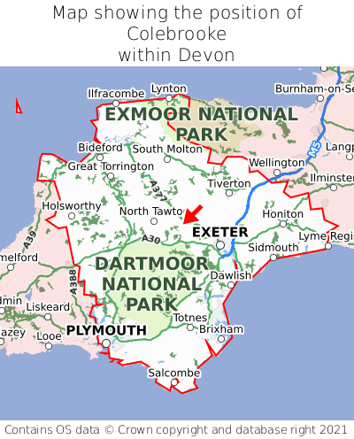 Map showing location of Colebrooke within Devon
