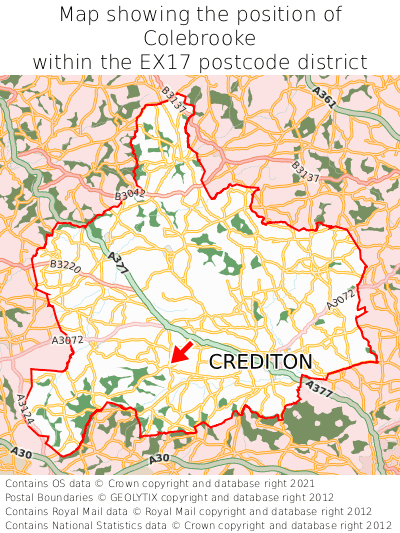 Map showing location of Colebrooke within EX17