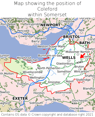 Map showing location of Coleford within Somerset