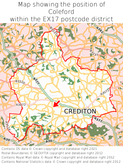 Map showing location of Coleford within EX17