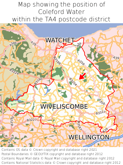 Map showing location of Coleford Water within TA4