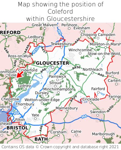 Map showing location of Coleford within Gloucestershire