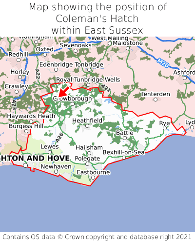 Map showing location of Coleman's Hatch within East Sussex