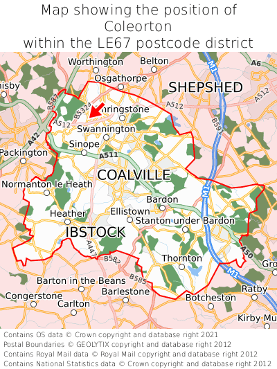 Map showing location of Coleorton within LE67
