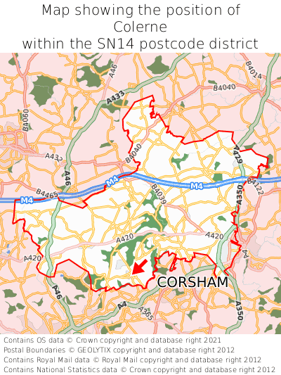 Map showing location of Colerne within SN14