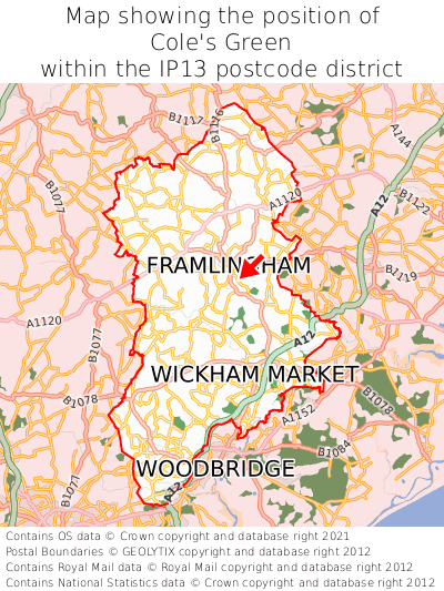 Map showing location of Cole's Green within IP13
