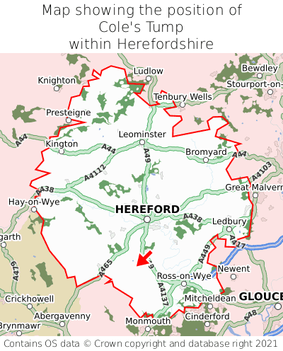 Map showing location of Cole's Tump within Herefordshire