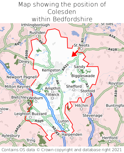 Map showing location of Colesden within Bedfordshire
