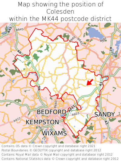 Map showing location of Colesden within MK44