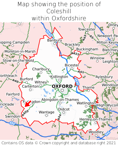 Map showing location of Coleshill within Oxfordshire