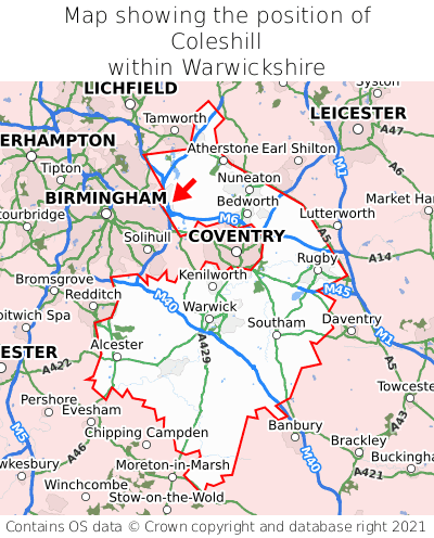 Map showing location of Coleshill within Warwickshire