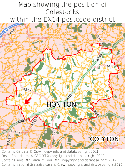 Map showing location of Colestocks within EX14