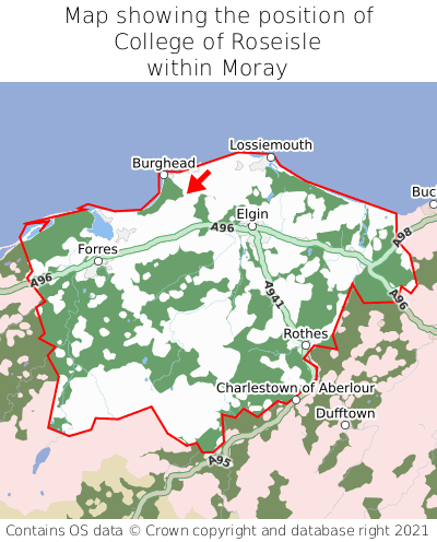 Map showing location of College of Roseisle within Moray