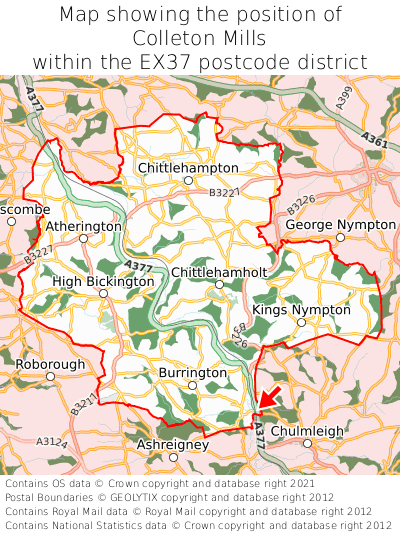 Map showing location of Colleton Mills within EX37