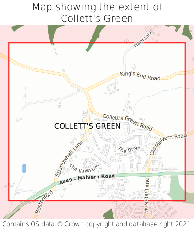 Map showing extent of Collett's Green as bounding box