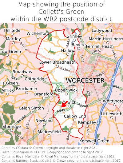 Map showing location of Collett's Green within WR2