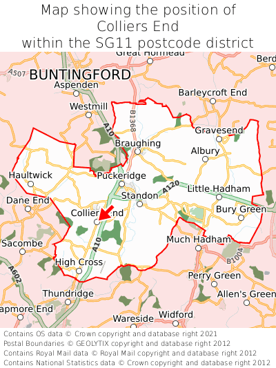 Map showing location of Colliers End within SG11
