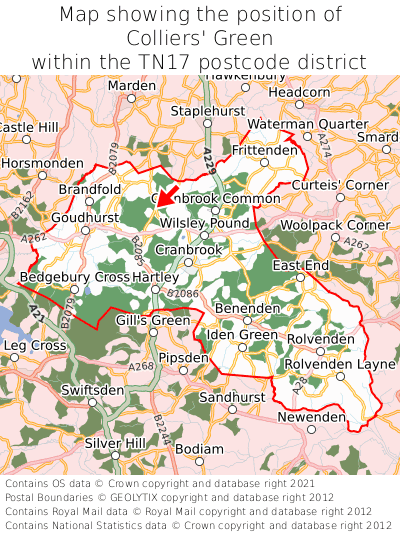 Map showing location of Colliers' Green within TN17