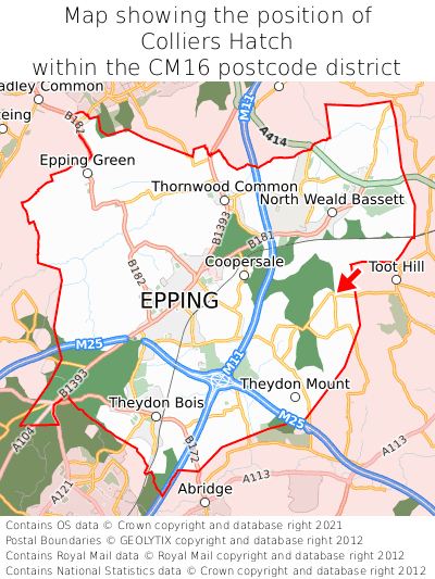 Map showing location of Colliers Hatch within CM16