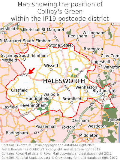 Map showing location of Collipy's Green within IP19