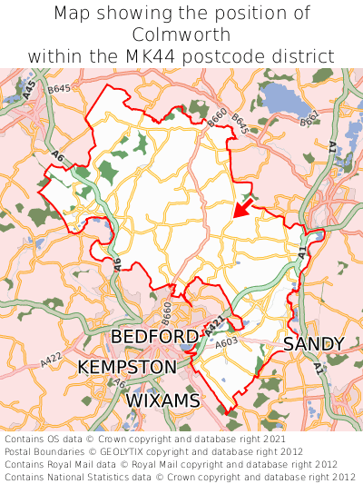 Map showing location of Colmworth within MK44