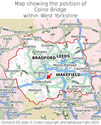 Map showing location of Colne Bridge within West Yorkshire
