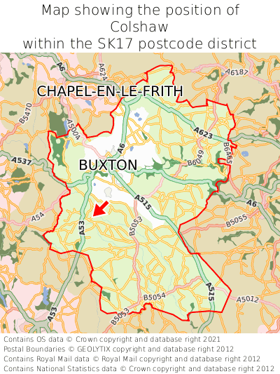 Map showing location of Colshaw within SK17