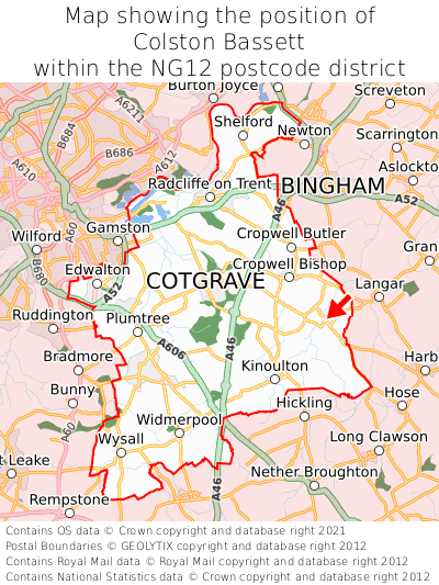 Map showing location of Colston Bassett within NG12