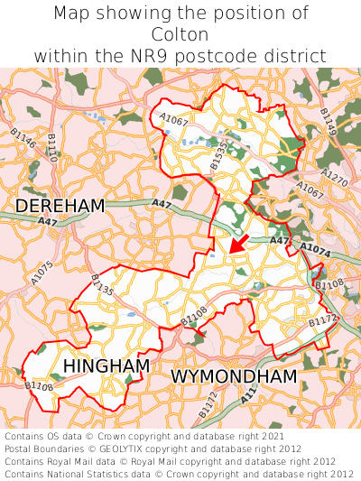Map showing location of Colton within NR9