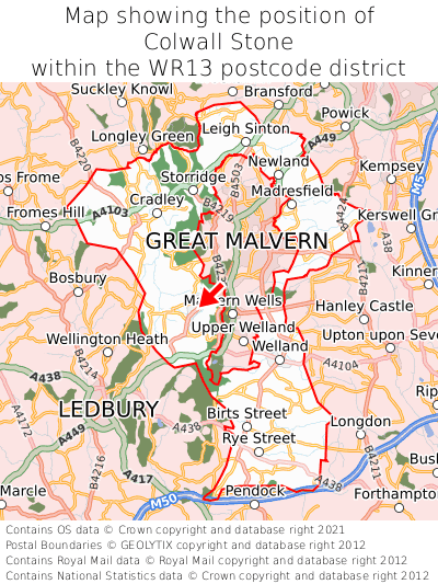 Map showing location of Colwall Stone within WR13