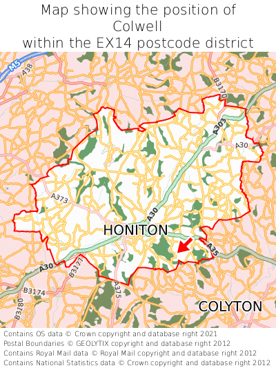 Map showing location of Colwell within EX14